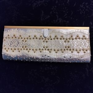 Betsey Johnson Elegant Silver and Gold Clutch with Lace & Studs